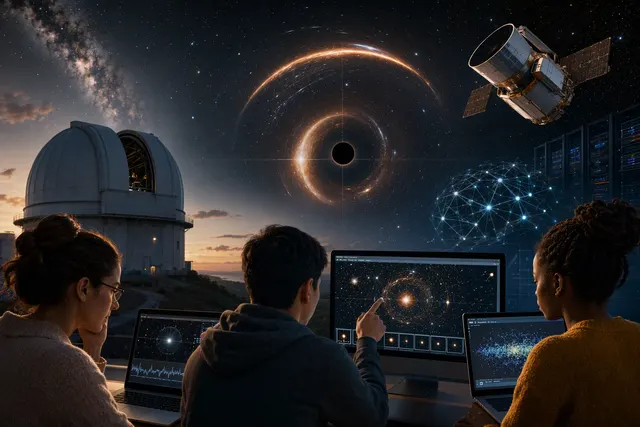 Illustration of a dark compact object bending and magnifying light from a nearby star
