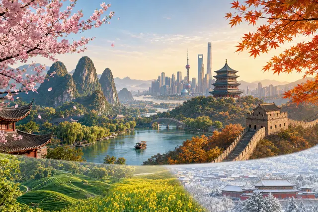 Editorial illustration for a guide to choosing when to travel in China