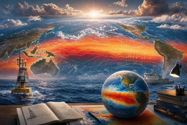 Illustration of warm Pacific Ocean waters associated with the developing 2026 El Niño