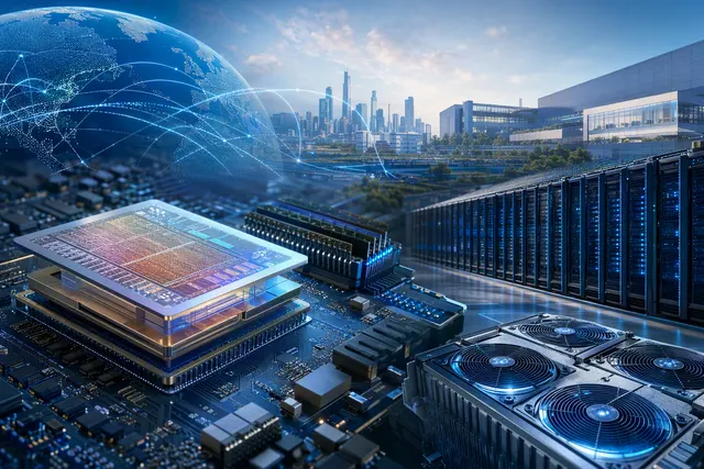 Editorial illustration of AI data-center infrastructure and semiconductor chips