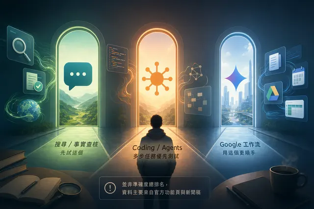 三款 AI 助手在搜尋查核、Google 工作流和程式開發場景中的比較示意圖