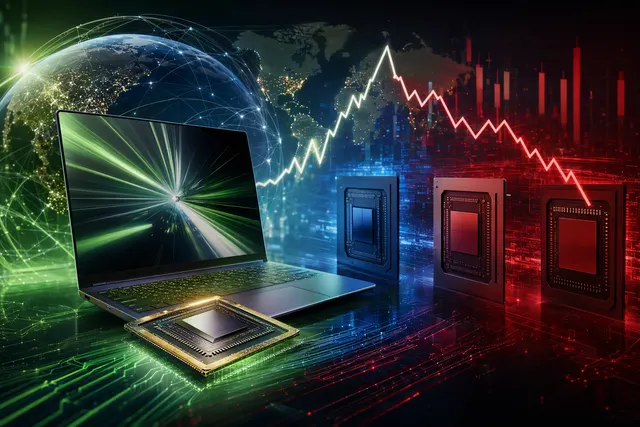 Editorial illustration of a laptop and chip representing Nvidia’s RTX Spark launch.