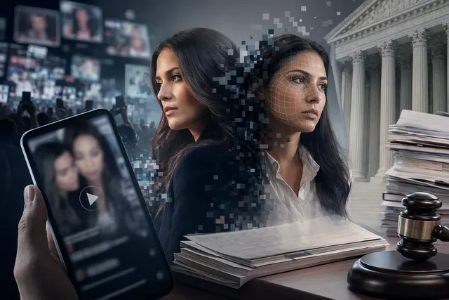 Conceptual illustration of AI-generated deepfake video spreading misinformation around a corporate lawsuit