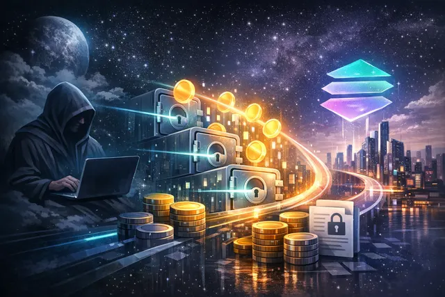 Abstract visualization of encrypted token vesting on Solana showing shielded data flows between Umbra, Streamflow, and Arcium's multi-party computation network
