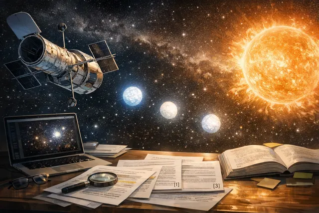 An artist's impression showing a white dwarf hidden next to a bright red dwarf star, with Hubble's ultraviolet view revealing the dim stellar corpse