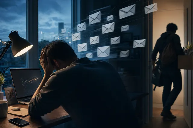 Illustration representing Meta layoffs and AI restructuring with termination emails and workforce changes