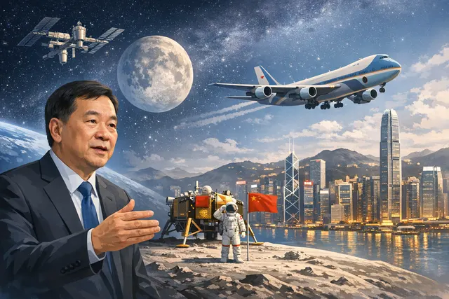 Artistic rendering of a Shenzhou capsule above Earth with space manufacturing elements, symbolizing Hong Kong's upcoming Shenzhou-23 astronaut visit and new AI and 3D printing rese