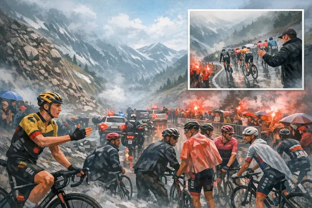 Pro cyclist in pink leader's jersey holds a hand up while racing on a city circuit, with the peloton behind him, representing the in-race protest on Giro d'Italia stage 15.