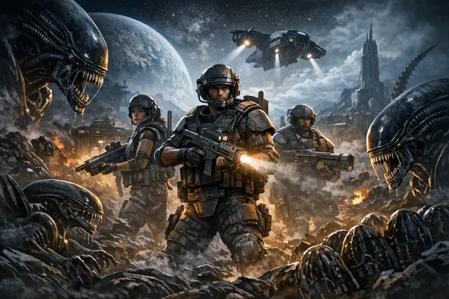 Colonial Marines facing a Xenomorph swarm in Aliens: Fireteam Elite 2