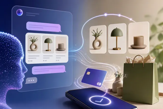 Illustration of an AI shopping assistant connecting product discovery with a streamlined checkout flow
