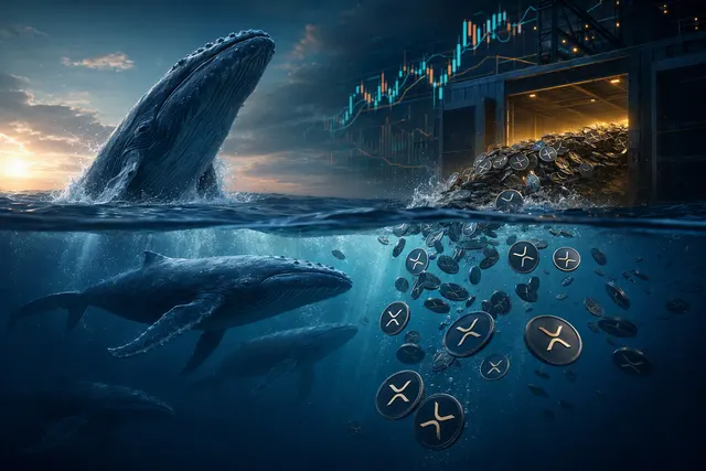 Editorial illustration of XRP whale activity and exchange trading on Binance