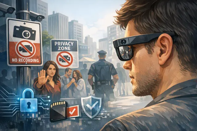 Editorial illustration of smart glasses, a recording indicator, and camera-free alternatives in a privacy debate