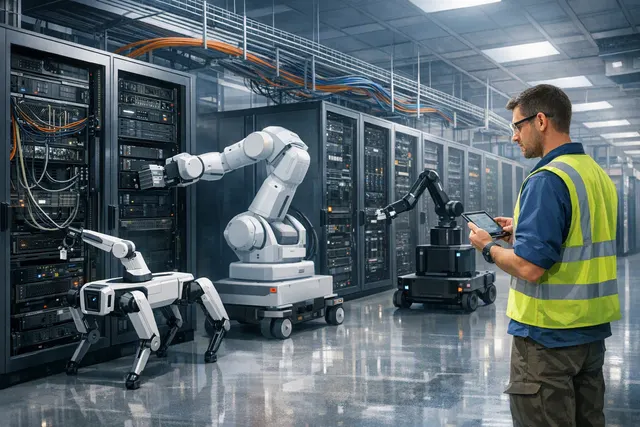 Illustration of robots performing maintenance tasks inside a large AI data center