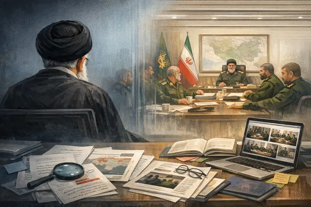 Conceptual image of Iranian leadership with the Supreme Leader in the shadows and military commanders in focus.
