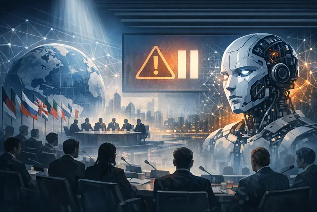 Conceptual illustration of two AI competitors standing before a global governance body, representing the tension between frontier AI development and the call for international over