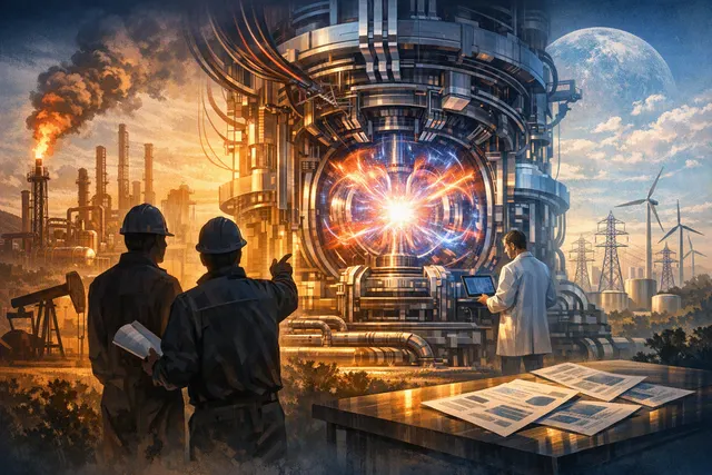 Illustration of a nuclear fusion reactor and energy companies investing in fusion technology