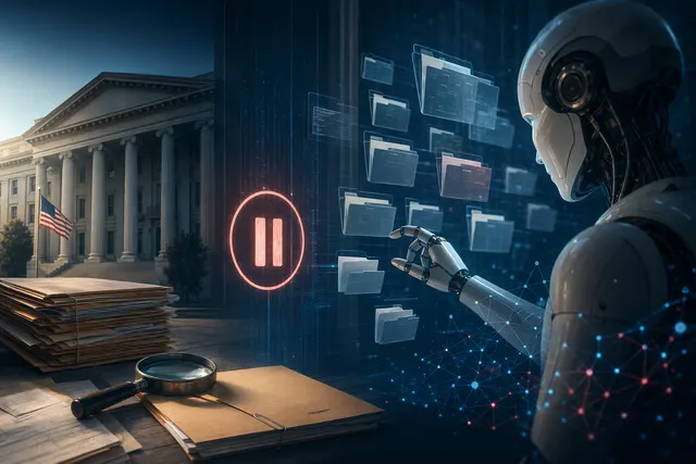 Editorial illustration representing AI agents interacting with government websites