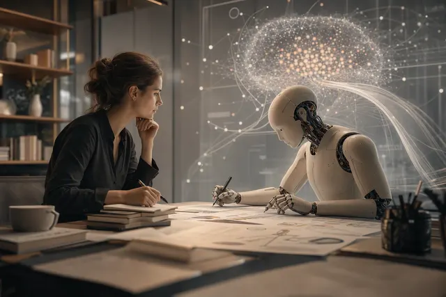Editorial illustration representing AI agents and human-supervised research workflows
