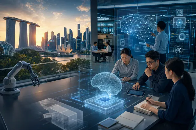 AI-generated editorial illustration about AI safety and oversight in Singapore
