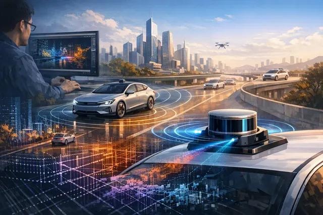 Lidar sensor mounted on a smart electric vehicle scanning the road ahead in a futuristic Chinese city
