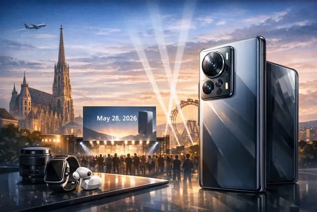 Editorial render of the Xiaomi 17T series with Leica-branded rear camera modules on display at the Vienna global launch event