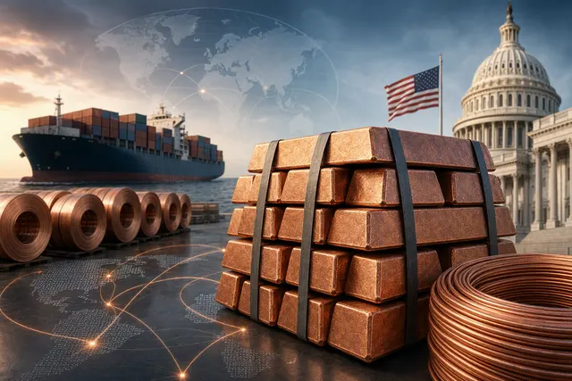 Editorial illustration of copper trading and global warehouse supply flows