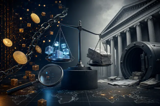 Illustration representing blockchain transparency and law enforcement tracking illicit cryptocurrency flows