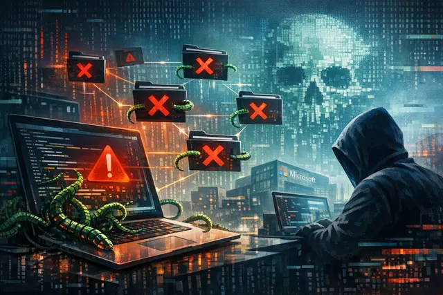 Digital illustration of a shadowy, worm-like malware entity coiling around the Microsoft and GitHub logos inside a cyberspace environment, with code streams and AI-themed visual ef