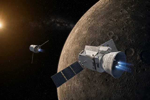 Editorial illustration of the BepiColombo spacecraft approaching Mercury