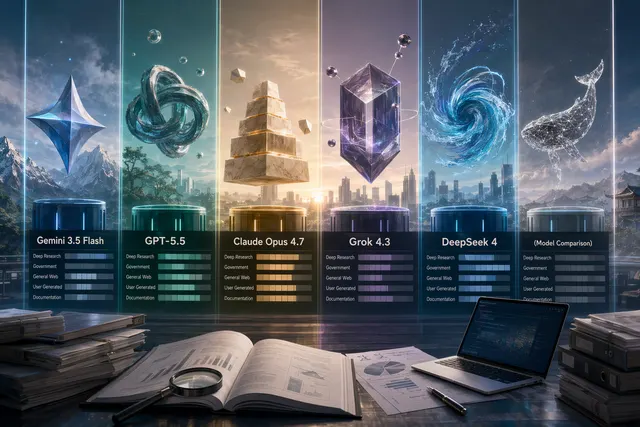 Illustration representing benchmark comparison between leading AI models including GPT‑5.5, Claude Opus 4.7, Gemini 3.5 Flash, Grok 4.3, and DeepSeek V4