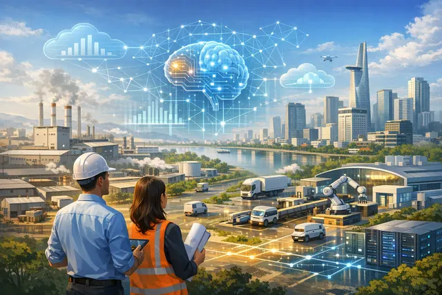 A futuristic rendering of an AI-powered smart industrial park in Ho Chi Minh City, featuring interconnected factories, autonomous vehicles, and digital infrastructure