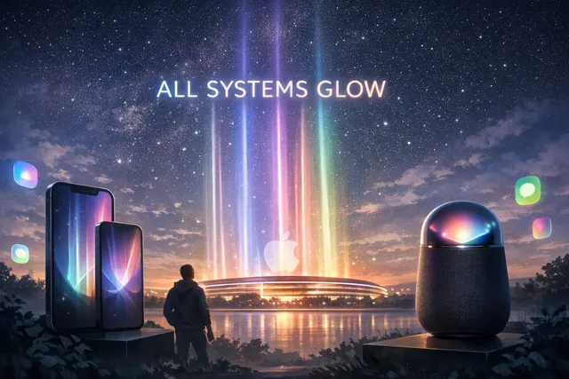 Abstract glowing Apple logo on a dark background representing the WWDC 2026 'All Systems Glow' theme and Siri's rumored new interface.