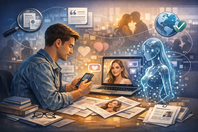 Two smartphone screens showing a dating app conversation with chatbot icons overlaid, illustrating AI-generated messaging versus a real in-person date scene below.