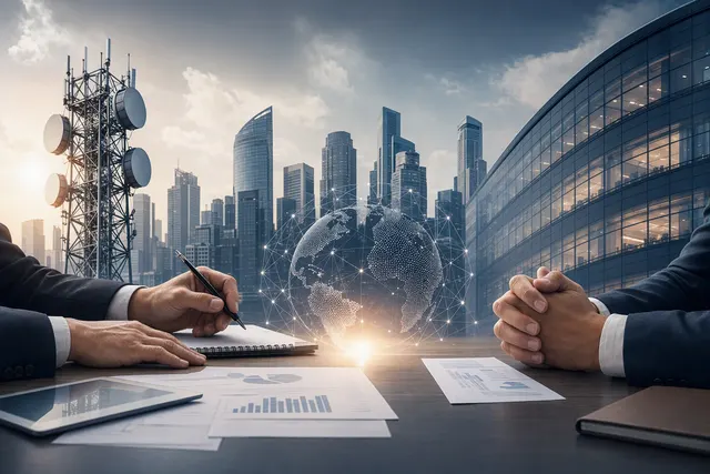 AI-generated editorial illustration accompanying coverage of StarHub and Keppel’s M1 talks