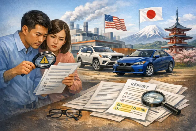 Toyota Tundra and Highlander parked alongside a Nissan Murano in a Japanese city street, representing U.S.-built vehicles entering the Japanese market