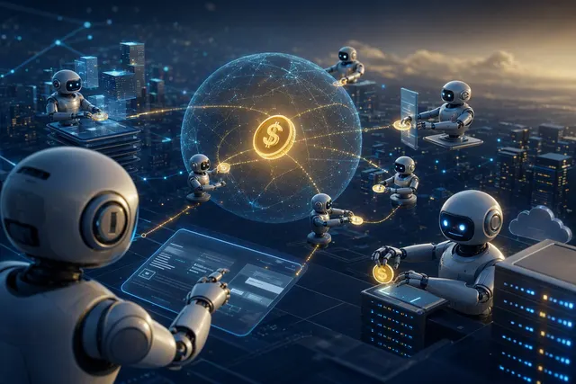 Conceptual illustration of AI agents using digital tokens to access computing resources
