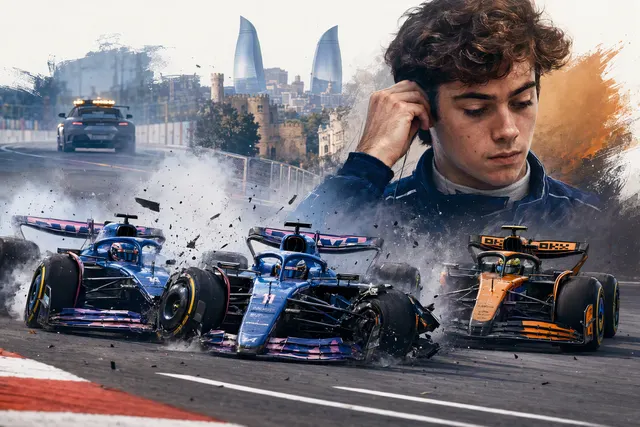 AI-generated editorial illustration for coverage of the Azerbaijan Grand Prix collision and its aftermath.
