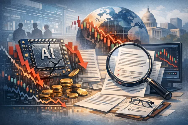 A conceptual image showing interconnected digital charts of leveraged ETF unwinding and Bitcoin funding lines breaking, symbolizing the convergence of AI chip rout and crypto lever