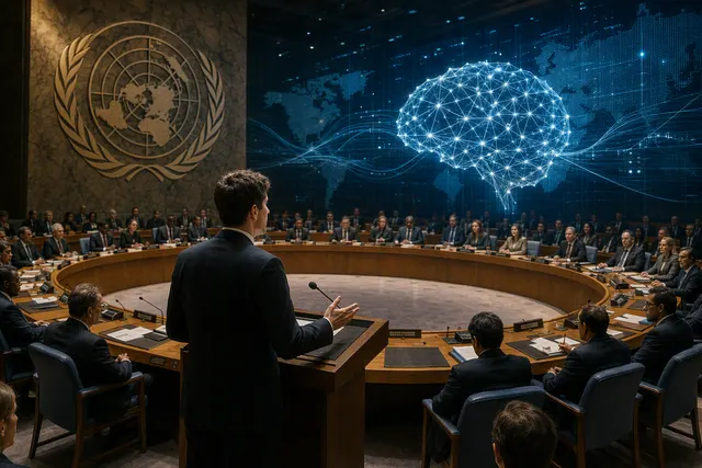 Illustration of artificial intelligence and the United Nations Security Council meeting in New York