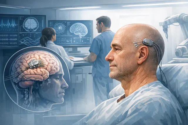 3D rendering of a brain with a glowing neural network, representing a brain-computer interface