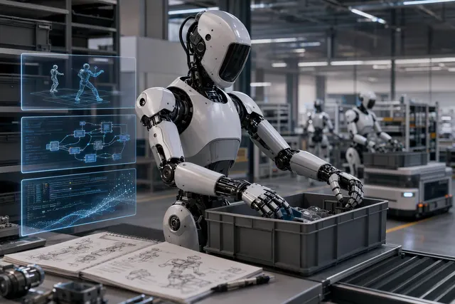 Editorial illustration of a humanoid robot in a real-world work environment, representing LimX Dynamics’ shift from demonstrations to deployment.