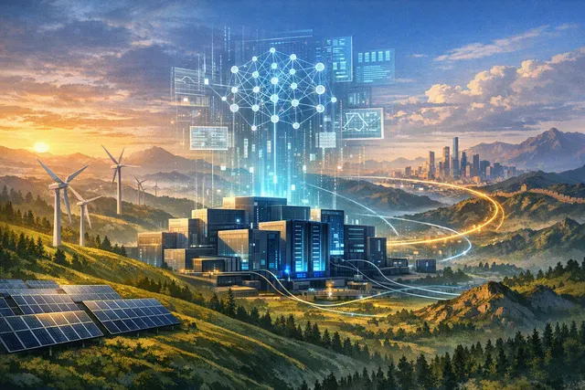 AI data center campus in Inner Mongolia beside wind turbines and solar installations, illustrating Ulanqab’s green-compute strategy