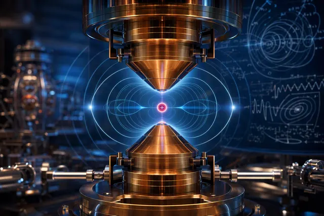 AI-generated editorial illustration accompanying an article about a single positron confined in a quantum cyclotron