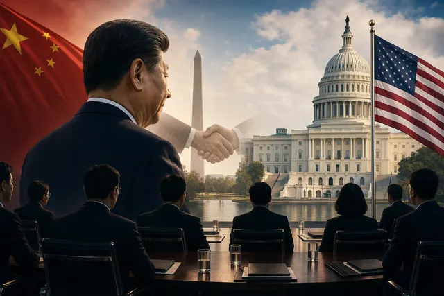 Editorial illustration of Xi Jinping’s planned Washington summit and a Chinese business delegation