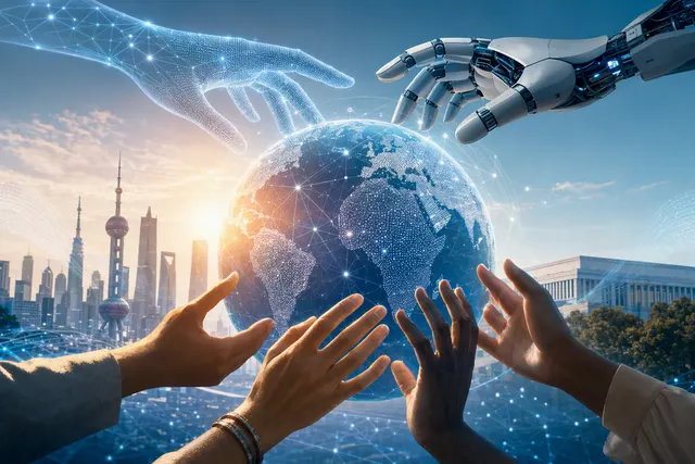 Editorial illustration representing U.S.–China artificial intelligence cooperation and competition