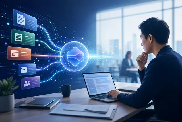 Abstract editorial illustration of Microsoft 365 Copilot AI supporting enterprise knowledge work