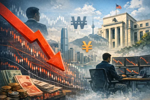 A photo-realistic editorial image showing a darkened trading floor with three large digital screens displaying 'HANGSENG -1.5%', 'WON 1530/USD', 'NIFTY IT -1.58%' and a headline 'F