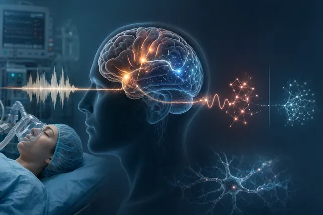 Editorial illustration of speech signals and neural activity in a brain under general anesthesia
