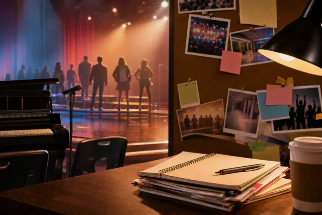 AI-generated editorial illustration for the Glee reboot story; it does not depict confirmed cast members or production details.