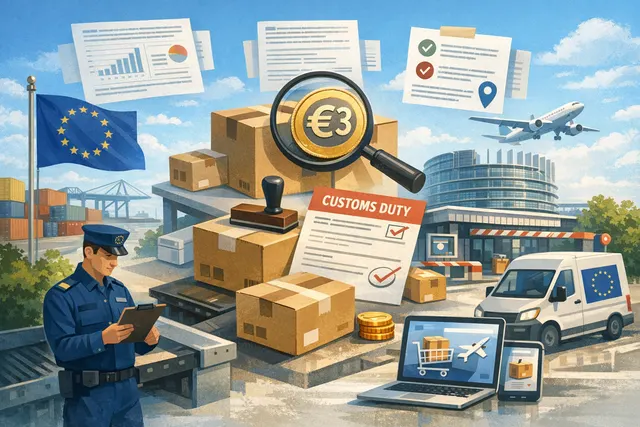 EU customs duty and handling fee illustration for low-value imports from outside the European Union taking effect July 2026